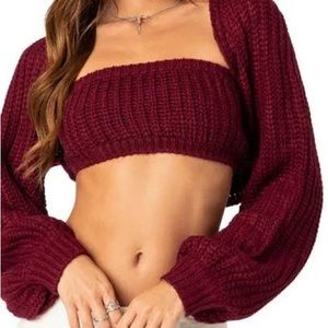 Edikted Cori Two-Piece Knit Bandeau & Shrug Sweater Set in Burgundy